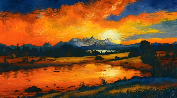 Sunset over Tranquil Mountain Lake Beautiful Landscape Digital Painting Wallpaper 2048x1152 Resolution