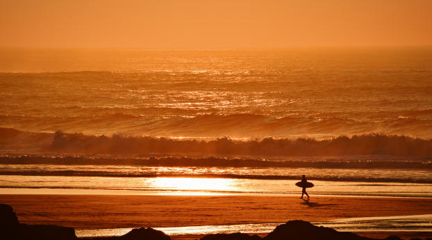 surfer, waves, sunset Wallpaper