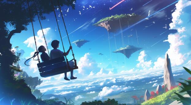Swinging Couple HD Anime Landscape Wallpaper 1080x2280 Resolution