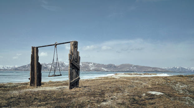 swings, mountains, sea Wallpaper 1440x2560 Resolution