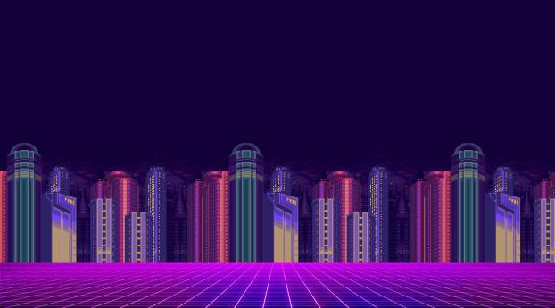 Synthwave 8-bit Pixel Cityscape Wallpaper 320x568 Resolution