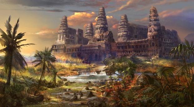 temple, destruction, palms Wallpaper 640x1136 Resolution