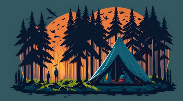 Tent Forest Adventure Minimal 4K Wallpaper 1100x1080 Resolution
