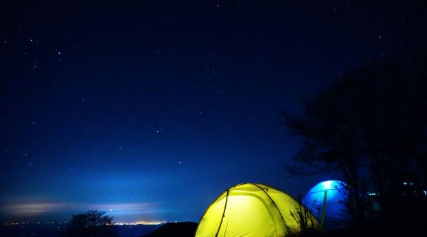 tent, night, starry sky Wallpaper