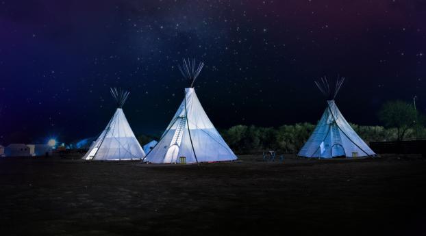 tents, night, stars Wallpaper