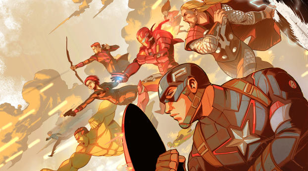 The Avengers Art Captain America, Iron Man, Thor, Black Widow And Hulk Wallpaper 1080x2244 Resolution