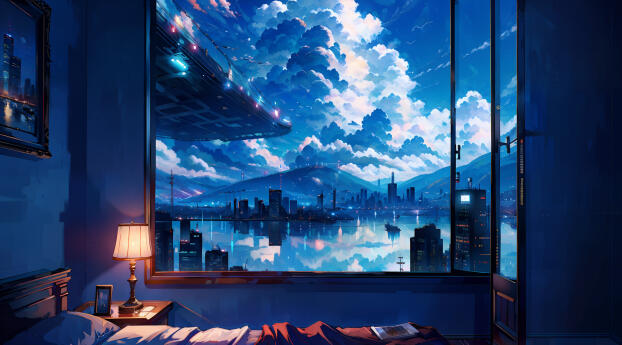 The City Landscape View HD Anime Art Wallpaper 320x568 Resolution