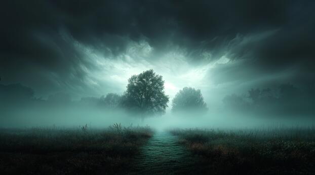 The Foggy Forest and Misty Pathway Wallpaper