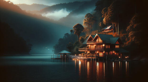The Lake House in Evening Wallpaper 720x1500 Resolution