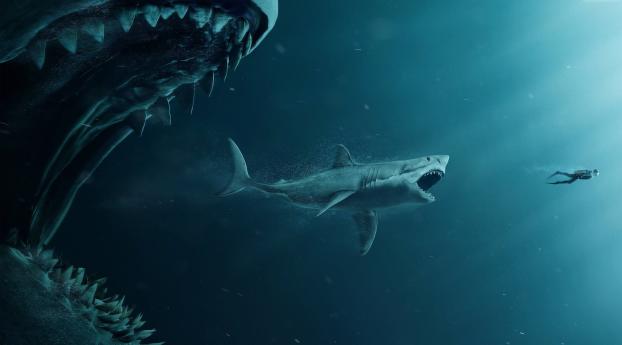 The Meg Sharks and Diver Poster Wallpaper 2460x1080 Resolution