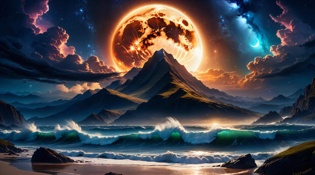 The Mountain Beach HD Moon Wallpaper