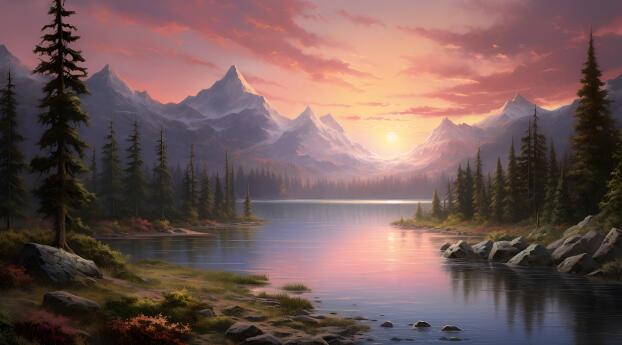 The Mountain Lake HD Digital Aesthetic Art Wallpaper 3840x2400 Resolution