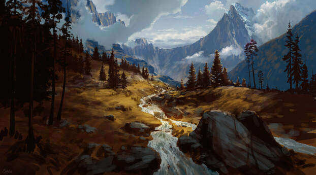 The Mountain Lake HD Digital Illustration Wallpaper