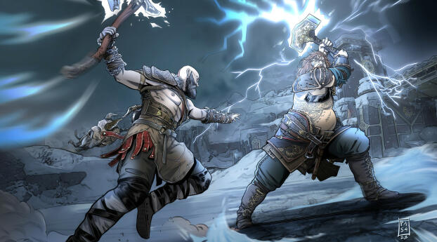 Thor vs Krato Cartoon Art Wallpaper