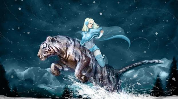 tiger, girl, snow Wallpaper 1600x900 Resolution