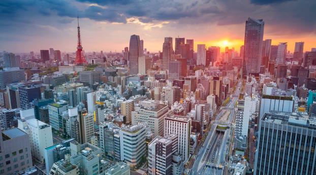 Tokyo Skycrapper Building Sunset Cityscape Wallpaper 320x240 Resolution