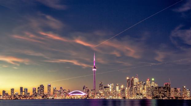 Toronto Ontario Cityscape In Sunset Wallpaper 4880x1080 Resolution