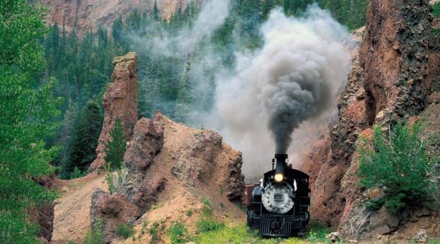train, smoke, mountains Wallpaper 2450x1440 Resolution