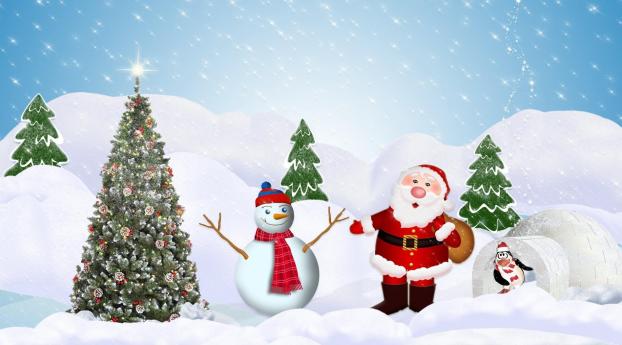 tree, santa claus, snowman Wallpaper