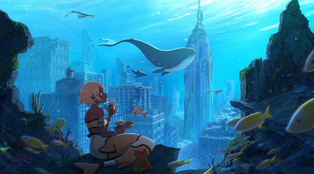 Underwater Lost City of New York HD Mermaid Wallpaper 1080x2280 Resolution