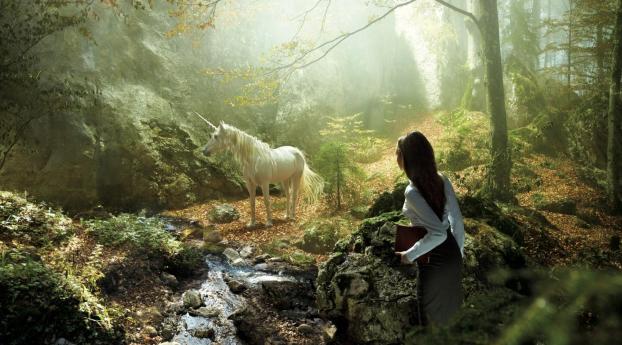 unicorn, girl, forest Wallpaper