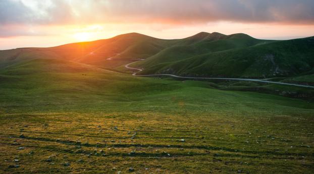 valley, grass, sunset Wallpaper 1440x2960 Resolution