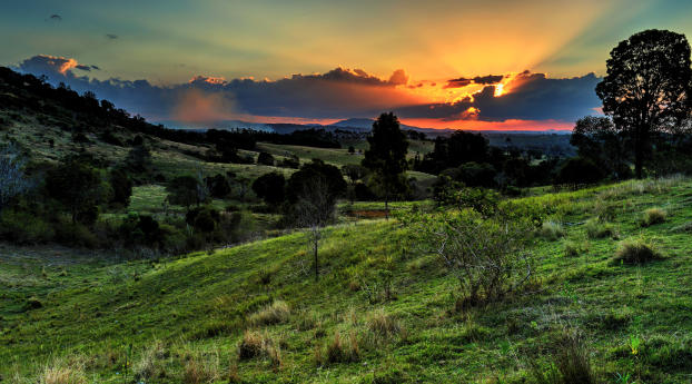 valley, sunset, grass Wallpaper 2560x1024 Resolution