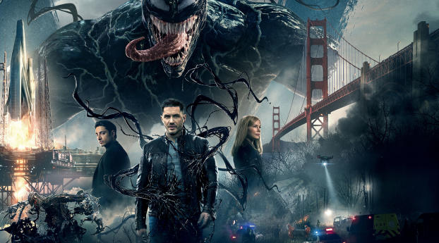 Venom (2018) Promotional Art with Riz Ahmed, Tom Hardy and Michelle Williams Wallpaper 2560x1080 Resolution