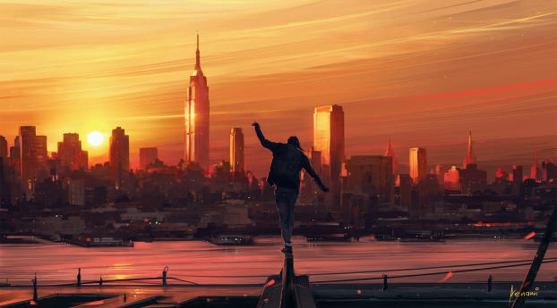 Walking On The Roof Of A Building Artwork Wallpaper 1644x384 Resolution