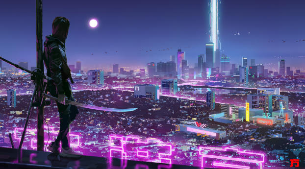 Warrior Girl in Cyberpunk City Wallpaper