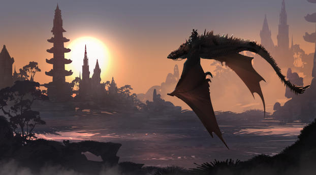 Warrior With Dragon In Sunrise Wallpaper 1280x800 Resolution