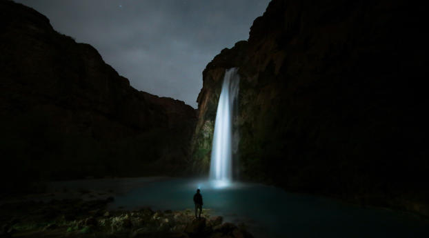 waterfall, night, man Wallpaper 1242x2688 Resolution