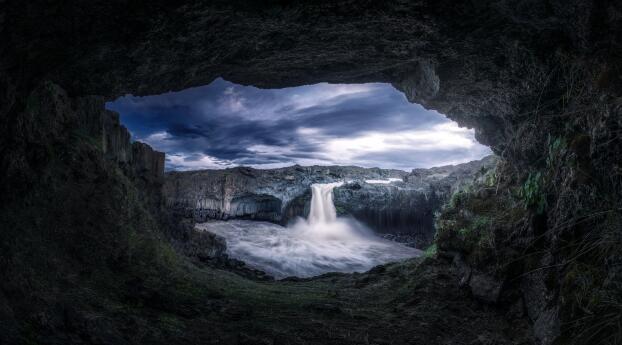 Waterfall View from Cave Wallpaper 1080x2246 Resolution