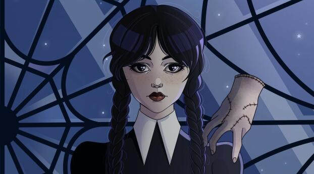 Wednesday Addams and Thing Art Wallpaper 1300x768 Resolution