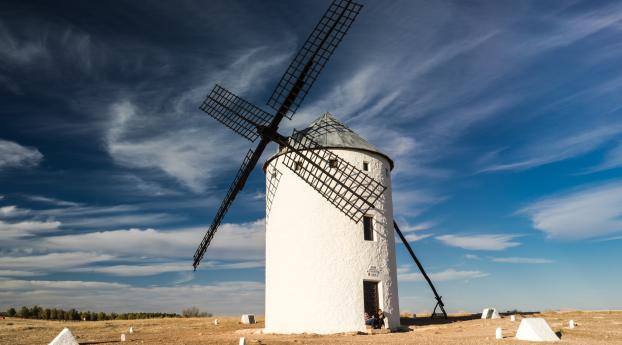 windmill, field, sky Wallpaper 2560x1080 Resolution
