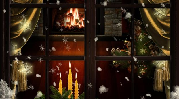 window, fireplace, candles Wallpaper