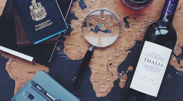 wine, passport, map Wallpaper