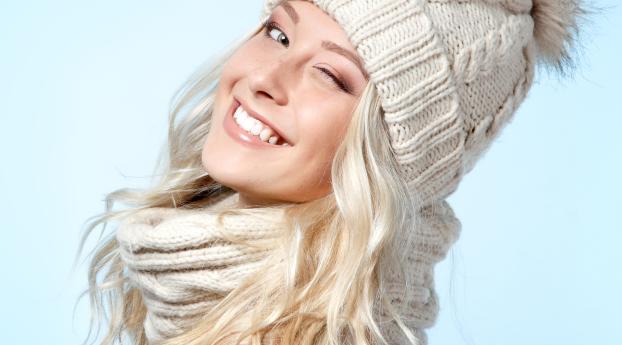 winter, blonde, wink Wallpaper 3840x1080 Resolution
