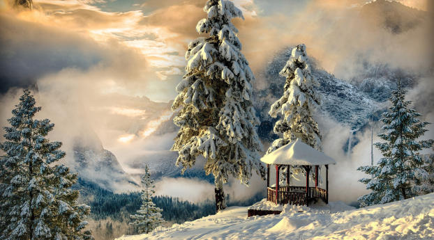winter, gazebo, snow Wallpaper 480x800 Resolution