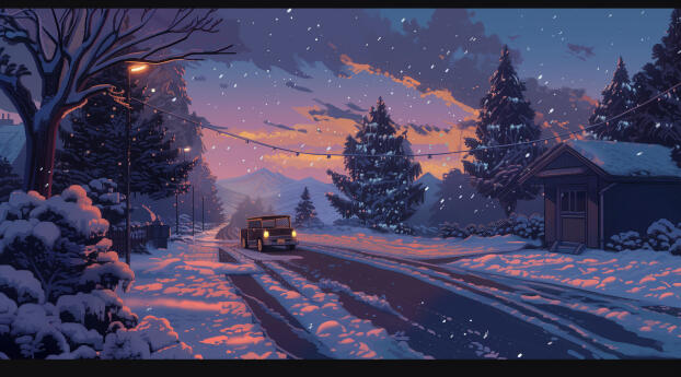 Winter Landscape Road HD Pixel Art Wallpaper 1024x1024 Resolution
