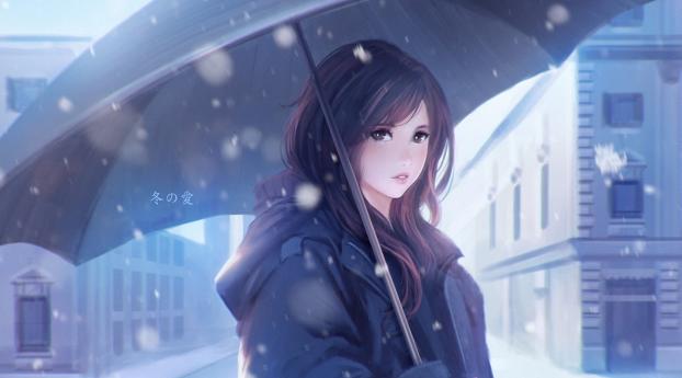 winter love, girl, umbrella Wallpaper 1280x2120 Resolution