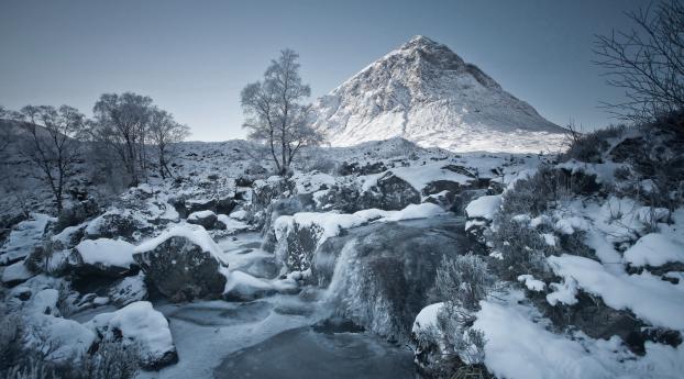 Winter Mountain and River Wallpaper 1350x689 Resolution
