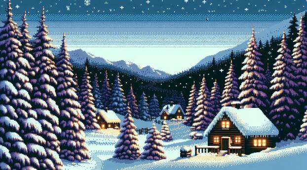 Winter Pixel Art Wallpaper 1200x480 Resolution