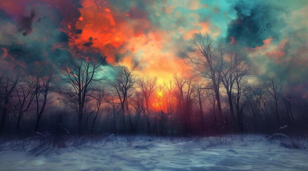 Winter Sunrise in Snowy Forest Wallpaper 1600x900 Resolution