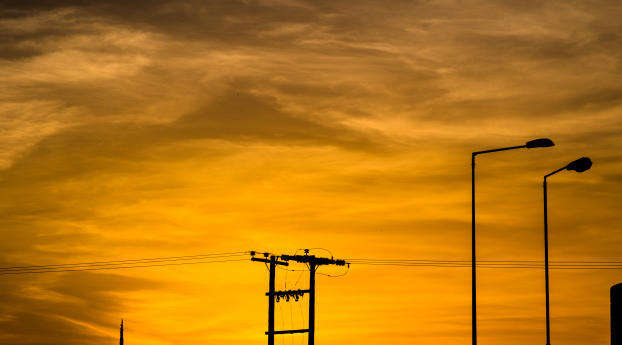 wires, pillar, sunset Wallpaper