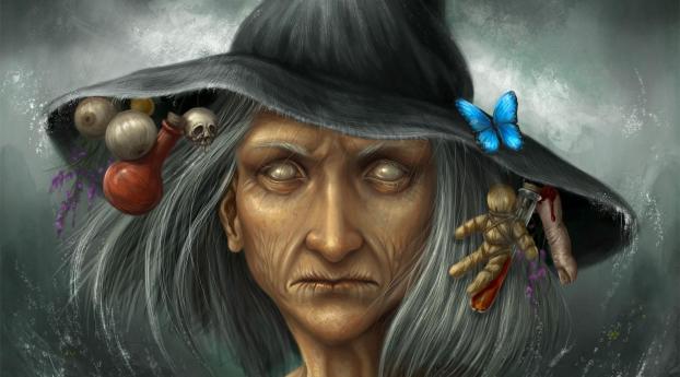 witch, hat, face Wallpaper 1366x768 Resolution