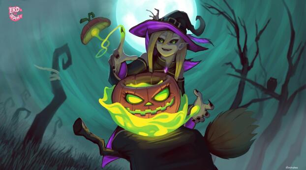 Witch on Halloween Cartoon Art Wallpaper