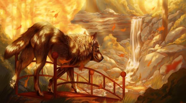 Wolf On The Bridge Near Waterfall Painting Wallpaper 3440x1440 Resolution