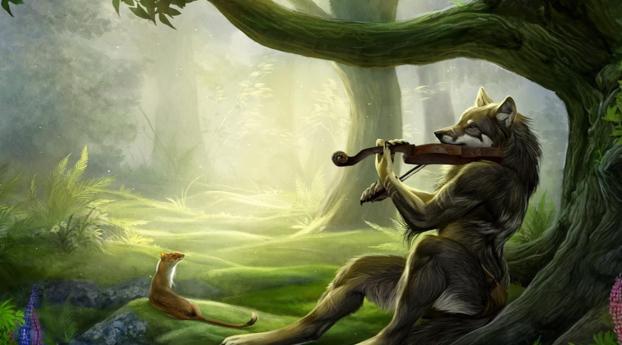 wolf, violin, wood Wallpaper 1280x800 Resolution