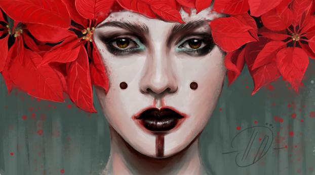 Woman Artistic Face With Lipstick And Poinsettia Leaf Wallpaper 320x568 Resolution